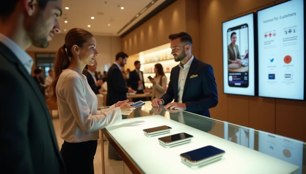 Customer consulting with a salesperson while choosing a smartphone in a modern retail store.